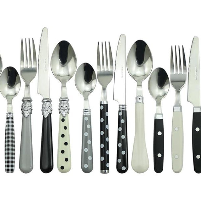 The Original Brink House Eclectic Black & White Mix & Match Stainless Steel Cutlery Set / 16 pieces with Metal Stand/Lifestyle utensils set for home, first apartment, dorm, dinner parties