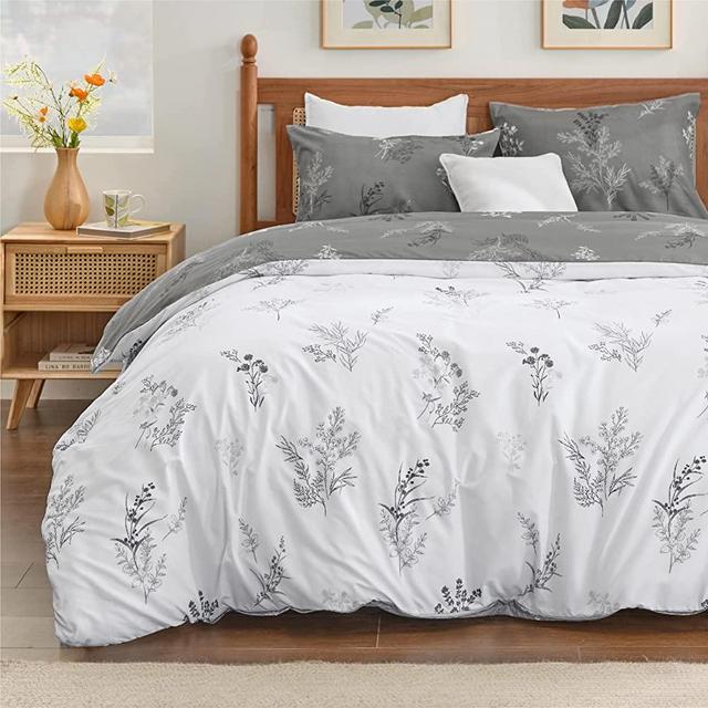 Bedsure Queen Duvet Cover Set - Floral Duvet Cover Set 3 Pieces, Reversible Grey Duvet Cover Queen Size, Soft Comforter Cover Queen Size 2 Pillowcases, Zipper Closure (90 x 90 inches)