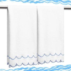 2 Pcs Scalloped Hand Towels 100% Cotton Fingertip Towels for Bathroom 15.75 x 27.56 Inch 600 GSM Cute Soft Absorbent Embroidered Decorative for Home Hotel(Blue,Classic)