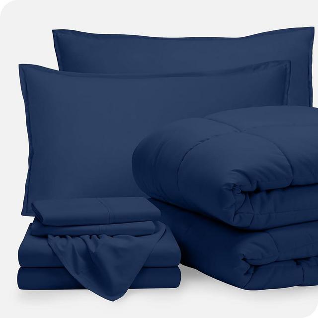 Bare Home Bed-in-A-Bag 7 Piece Comforter & Sheet Set - King - Goose Down Alternative - Ultra-Soft 1800 Premium - Bed Set (King, Dark Blue/Dark Blue)