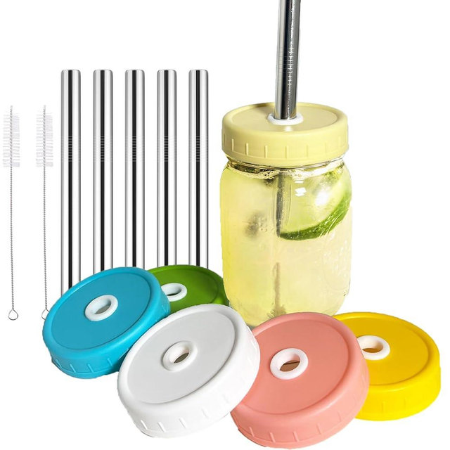 Mason Jar Lids, 6 Pack 70mm Regular Mouth Mason Jar Lid with Straw Hole for Ball Caning Jar - Drinking Coffee, Smoothies, Boba-Milk Tea, Dishwasher-safe & Leak-proof
