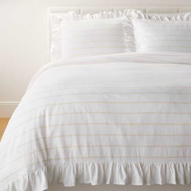 California King Yarn Dye Stripe with Ruffle Duvet Cover & Sham Set White/Khaki - Threshold™ with Studio McGee