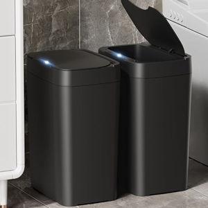 2 Pack 2.7 Gal Bathroom Trash Can with Lid, Automatic Trash Can Small Smart Garbage Can Touchless, Slim Motion Sensor Waterproof Plastic Trash Bins for Bedroom Office Kitchen Toilet Black