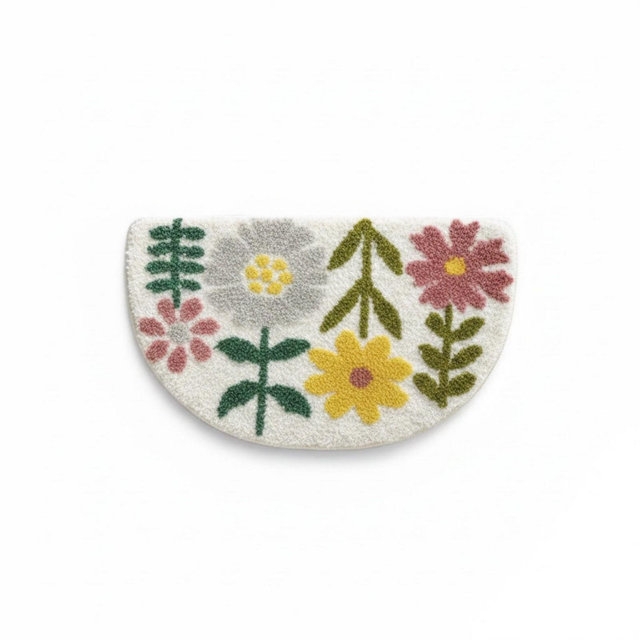 Alilang Floral Botanical Half Moon Bathroom Floor Mat Soft Absorbent with Non Slip Backing - White