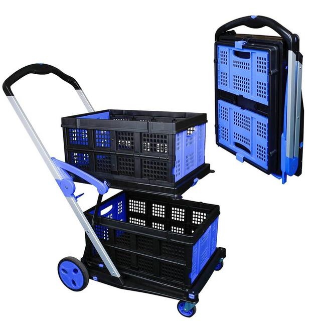 APOXCON Shopping Cart with 2 Storage Crates, Multi Use Two Tier Collapsible Cart with 360° Rolling Swivel Wheels Heavy Duty Utility Cart Folding Trolley for Shopping, Picnic and Office