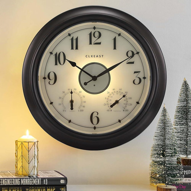 CLXEAST Illuminated Indoor Outdoor Clocks Waterproof 18 inch with Smart Sensor,Large Wall Clock with Thermometer & Hygrometer for Garden Patio Pool,Oil Rubbed Bronze Black