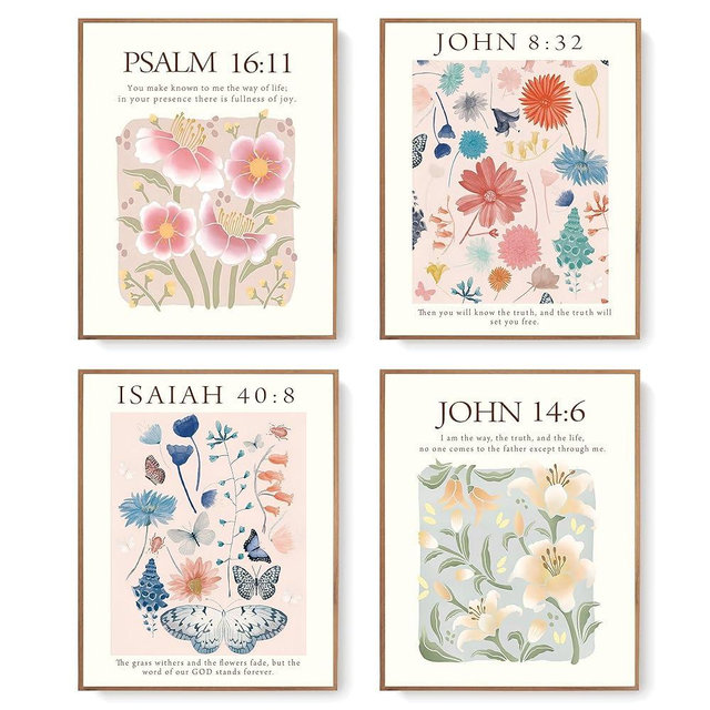 LARTSFRO Bible Floral Christian Wall Art Decor, Scripture Art Wall Decor, Christian Gifts, Bible Verse Posters, Jesus Wall Art, Posters for Room Aesthetic Flower, 10x8 Inch Set of 4 Unframed