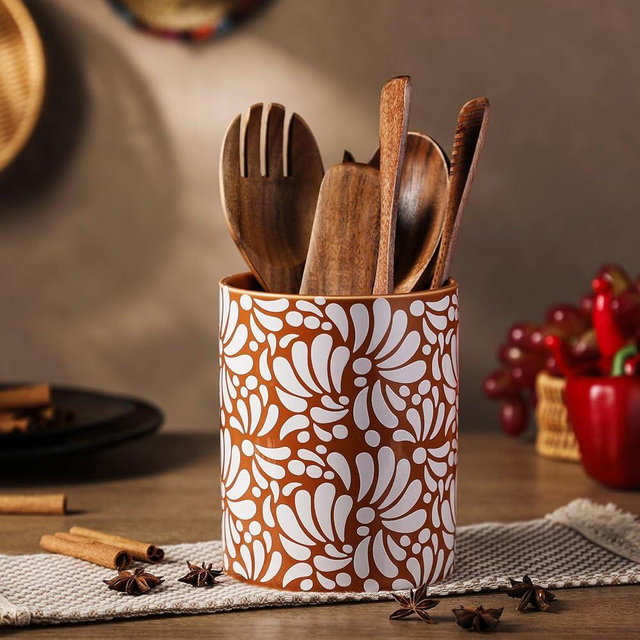 Kathfly Talavera Utensil Holder 6.7" H Large Ceramic Mexican Kitchen Utensil Crock Spatula Spoon Rest Holder Ceramic Mexico Decor for Kitchen Countertop Housewarming Gift