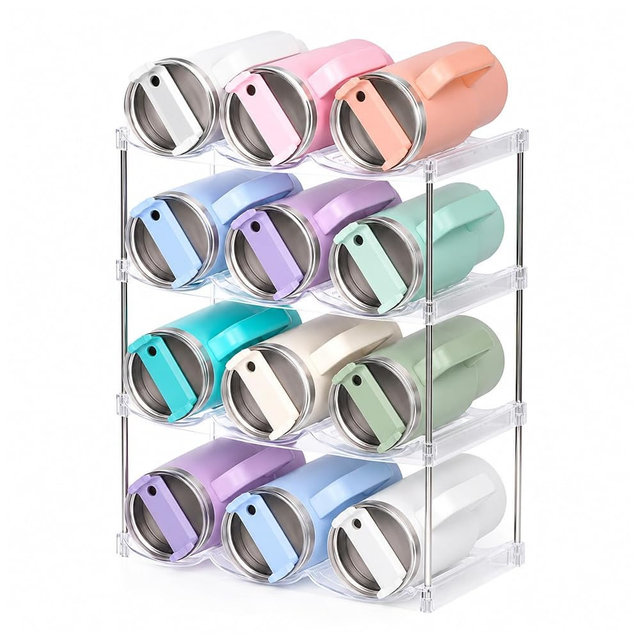 Stackable Water Bottle Organizer for Stanley 40 oz Tumbler, Large Compartment Water Bottle Holder for Cabinet, Clear Tumbler Organizer for Kitchen Countertop Pantry, 4 Pack