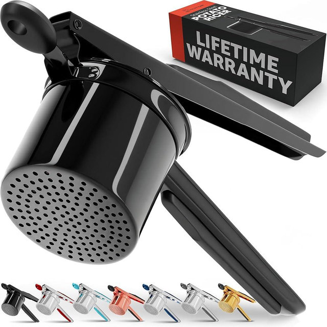 PriorityChef Large 15oz Potato Ricer, Heavy Duty Stainless Steel Potato Masher and Ricer Kitchen Tool, Press and Mash Kitchen Gadget For Perfect Mashed Potatoes - Everytime, All Black