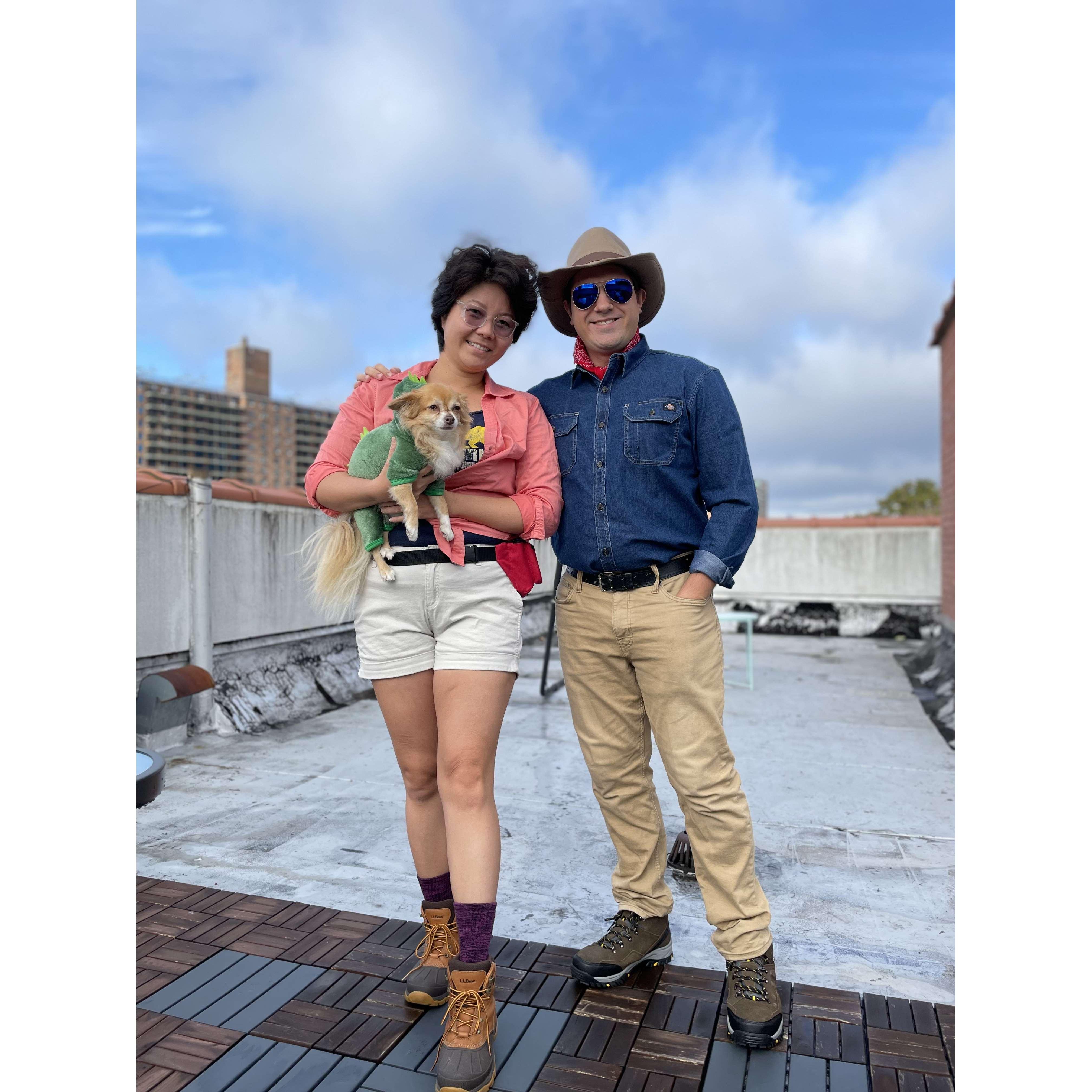 Our first Halloween! Sarah as "Sarah" and Ken as Sam Neil and Monsee as the T-rex from Jurassic Park!