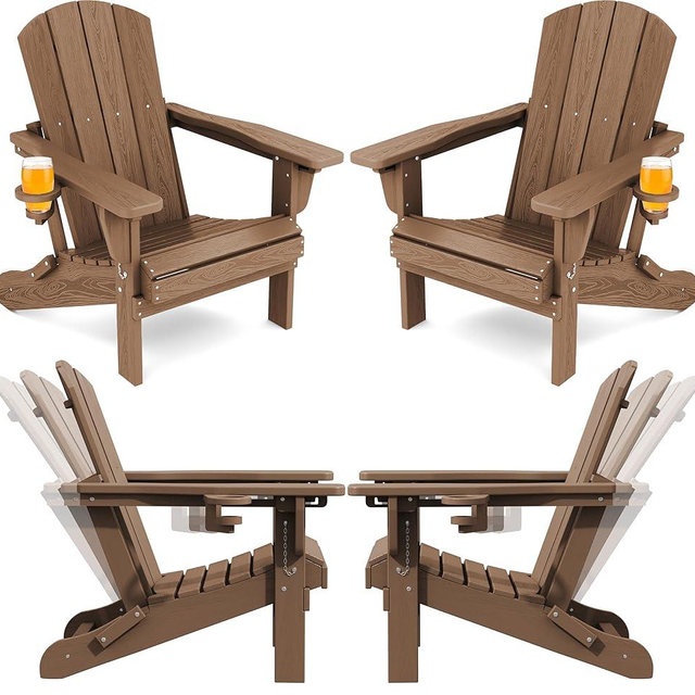 SERWALL Folding Adirondack Chair Set of 4, Reclining Adirondack Chair with 3 Recline Positions, All Weather HDPE Outdoor Adirondack, Brown