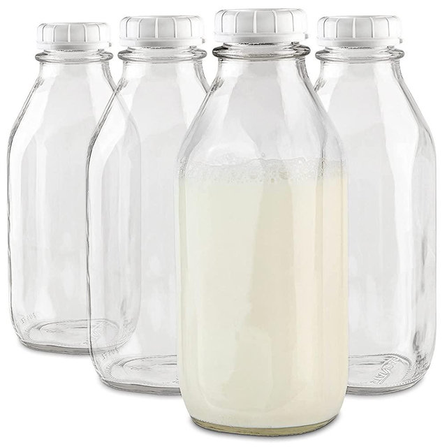 Liter Glass Milk Bottles with 8 White Caps (4 pack) - 32-Oz Food Grade Milk Jars with Lids - Dishwasher Safe - Bottles for Milk, Buttermilk, Honey, Maple Syrup, Jam, BBQ Sauce- Stock Your Home