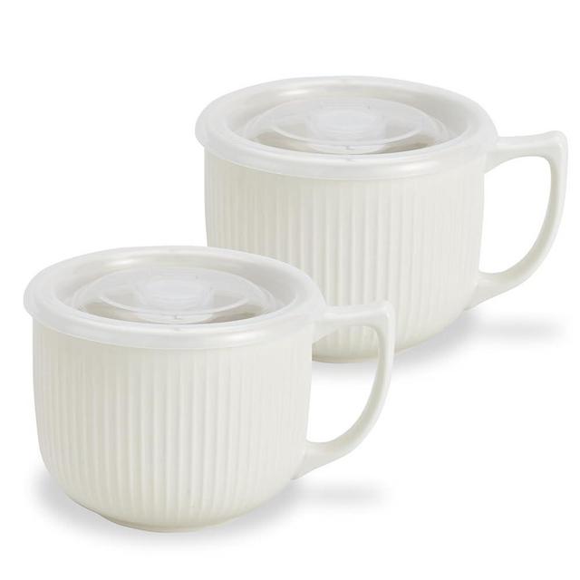 Hoilse Ceramic Soup Bowls with Handle and Vented Lid, 32oz Large Deep Soup Mug with lid, Travel Ramen Bowls for instant noodle and Cereal Set of 2 Microwave Safe, Dishwasher Safe (White)