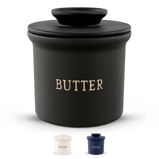 Kook Butter Keeper Dish, French Ceramic Crock with Lid, Embossed Container, For Soft Butter (Matte Black)