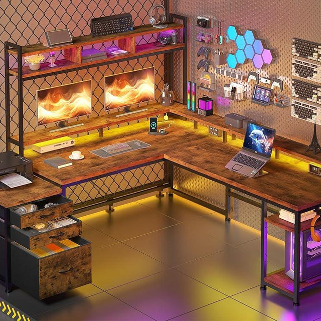 EnHomee 64 x 60 Inches L Shaped Desk with Hutch and Drawers, Reversible Corner Computer Desk with Monitor Shelf, Two Person Desk with Power Outlet, Gaming Desk with Led Lights for Office, Rustic Brown