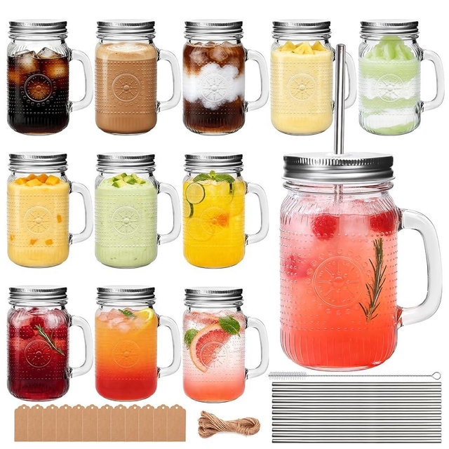 Encheng Mason Jar Cups with Handle 16 oz, Vintage Glass Cups with Lids and Straws, Reusable Pint Drinking Jars for Iced Coffee, Smoothies, Juice, Food Storage,12 Pack