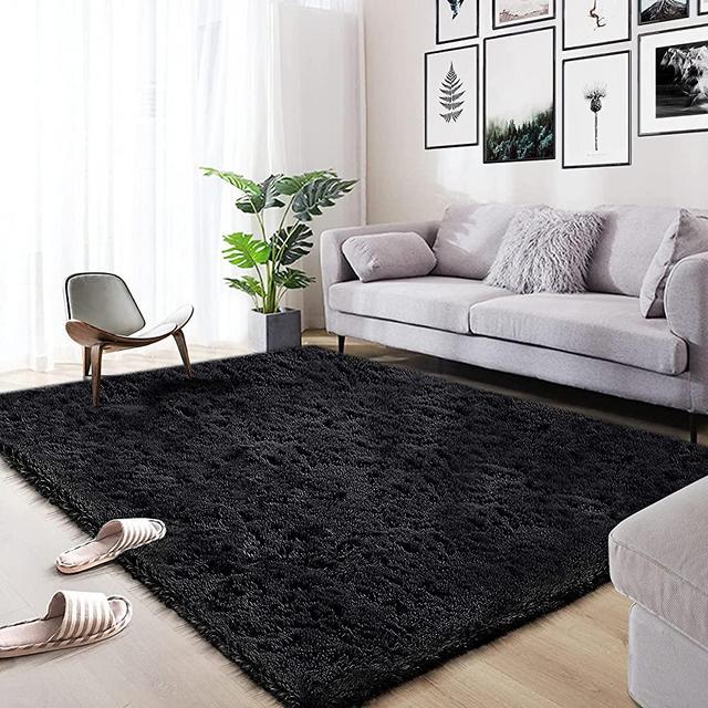 Area Rug, Qumig Ultra Soft Fluffy Area Rugs for Bedroom Luxury Shag Rug Faux Fur Non-Slip Floor Carpet for Livingroom, Kids Room, Baby Room, Girl Room and Nursery Modern Home Decor, 5.37.5 Feet Black