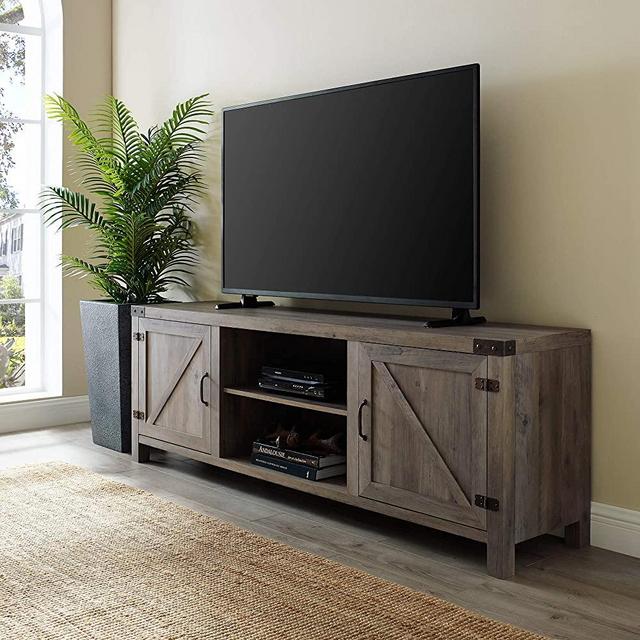 Walker Edison Furniture Company Modern Farmhouse Barn Wood Stand with Cabinet Doors TV's up to 80" Living Room Storage Shelves Entertainment Center, 70 Inch, Grey Wash