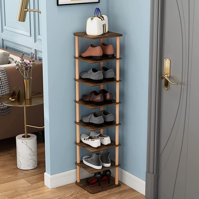 LUCKNOCK 8 Tiers Vertical Shoe Rack, Narrow Shoe Organizer, Stylish Wooden Shoe Storage Stand, Space Saving Shoe Shelf, Shoe Tower, Free Standing Shoe Racks for Entryway, No-Tool Assembly, Brown.