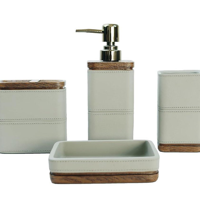 Hymmah Leather Pattern Design Bathroom Accessories Set,Farmhouse Bathroom Decor,4 Pcs Resin Gift Set Apartment Necessities, Contain Cotton Swab Jar,Soap Dispenser,Tumbler，Soap Dish/Tray