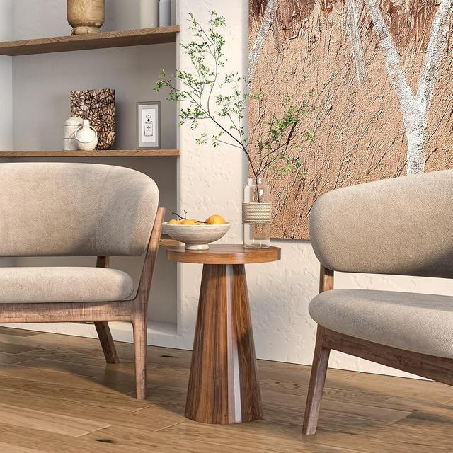 Round Fluted Accent End Table, Pedestal Side Small for Living Room, Mid Century Modern Night Stand, Wood Nightstands for Bedroom (Big Walnut)