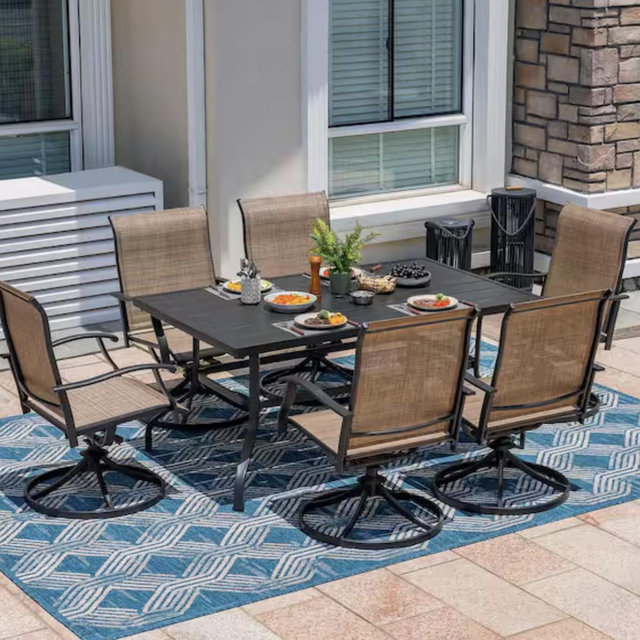 Nuu Garden Brown 7-Piece Textilene and Iron Metal Outdoor Dining Set, 6-Swivel Chairs and Rectangle Dining Table SID021-01-HD01