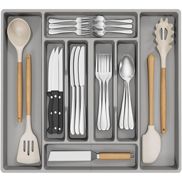 Lifewit Silverware Organizer, Plastic Kitchen Utensil Drawer Tray, Cutlery Flatware Storage Holder for Spoons Forks Knives, 20 x 16 Inches, 8 Compartment, Gray