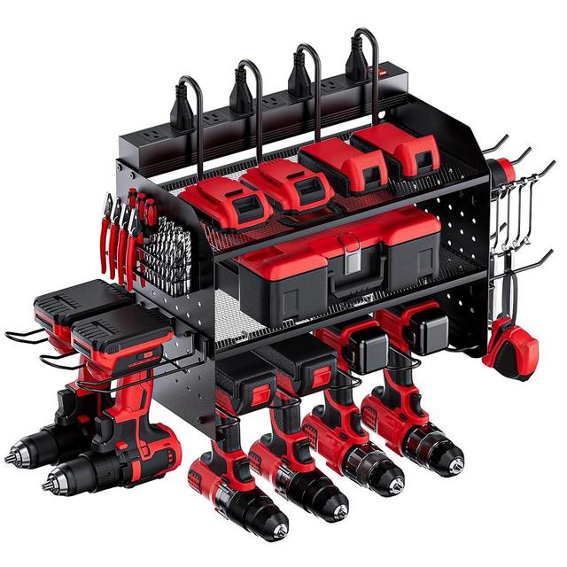 TRZZ Power Tool Organizer with Charging Station, 3-Layer, 8 Outlets, Cordless Drill Holder with 2 Side Pegboards, 6 Drill Holders, 4 Hooks, 1 Drill Bit Rack for Garage, Workbench, Workshop, Black