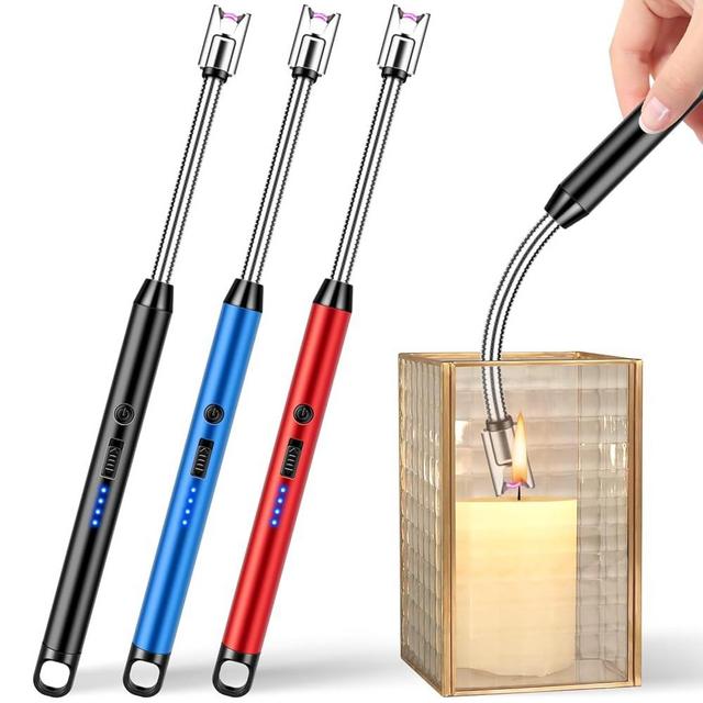 LcFun Electric Candle Lighter Windproof USB Rechargeable Plasma Lighter with LED Battery Display, 3 Pack Flameless Long Arc Lighters for Candle Grill BBQ Camping Stove (Black,Blue,Red)