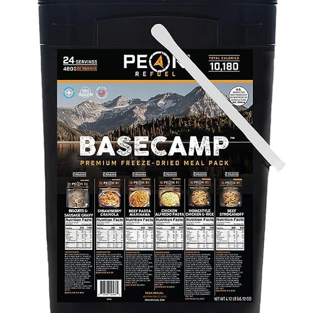 Peak Refuel Basecamp Bucket | Premium Freeze Dried Variety Meal Pack | Backpacking and Camping Food | 100% Real Meat | High Protein and Calories | MRE | 24 Servings (Single Bucket)