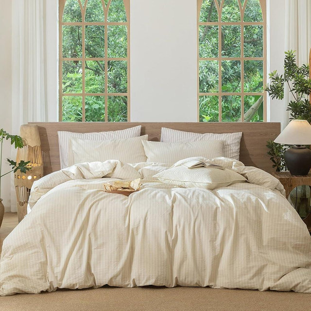 MooMee Striped Duvet Cover Set 100% Washed Cotton Linen Like Textured Breathable Durable Soft Comfy (Almond Milk Grey White Wide Stripes, King 104"x90")