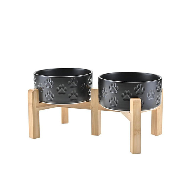 SPUNKYJUNKY Elevated Dog Bowls Ceramic, 6.1'' Dogs and Cat Food Water Bowls Raised with Non-Slip Bamboo Stand for Medium Sized Breed Microwave Dishwasher Safe - 28.7 OZ,Paw Black