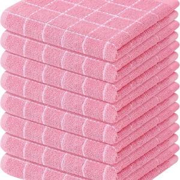 Mordimy 100% Cotton Terry Cloth Dish Cloths, Soft and Absorbent Checkered Dish Towels, Quick Drying Dish Rags for Washing Dishes, 8 Pack, 12 x 12 Inches, Pink
