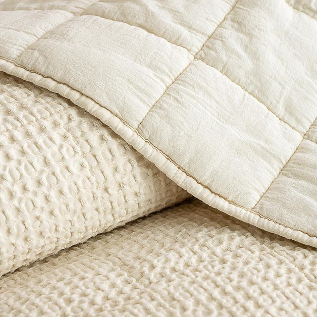 PHF Enzyme-Washed Waffle Quilt Set King (106"x90") - 100% Cotton Cover, 3PCS Soft Lightweight Square Quilted Bedspread with Polyester Fill, Cozy Coverlet for Home Decor, Natural Undyed
