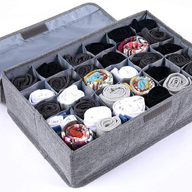 Uklay Underwear Drawer Organizer with Lid - 30 Cell Sock Organizer Drawer Dividers, Foldable Closet Storage Boxes for Underwear, Socks, Lingerie, Ties - Grey