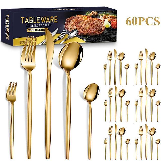 60-Piece Gold Silverware Set Service for 12, Premium Stainless Steel Fork Knife and Spoon Set With Giftable Box Packaging, High Quality Modern Flatware Set for 12, Mirror Polished, Dishwasher Safe