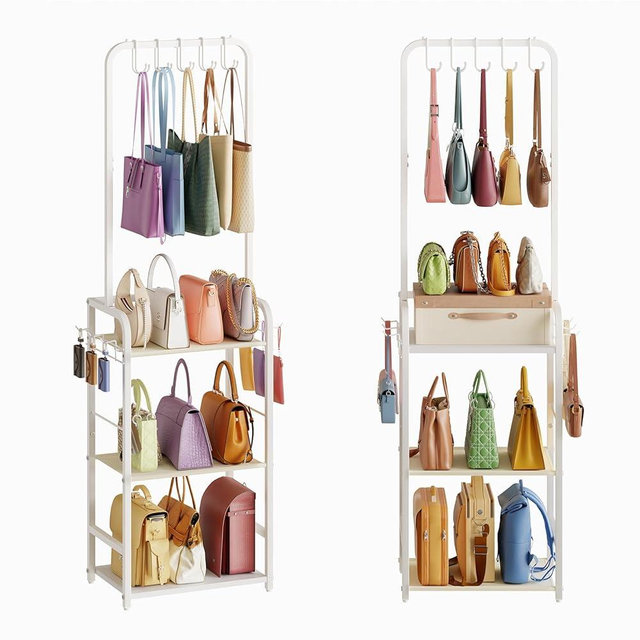 Tall Purse Organizer for Closet with 5 Purse Hanger & 6 Side Hooks, 4 Tier Floor-Standing Purse Rack Stand for Purse Storage, Narrow & High-Capacity Handbag Organizer, Backpack Storage for Small Place