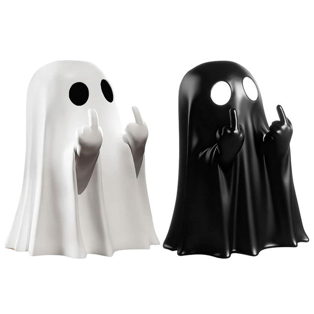Shanmeidㅤ 2 Pieces Halloween Ghost Decor, Cute Finger Ghost Figurine,Funny Resin Spooky Statue Decoration,Indoor Table Shelf Tabletop Home Office Decor (Black and White)