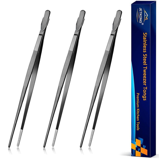 JETKONG 12-Inch Cooking Tweezers Tongs Precision Serrated Tips Stainless Steel Chef Tweezer, Set of 3 (12 12 12 Inch, Black)