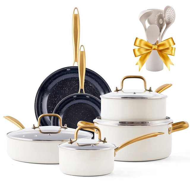 Ceramic Pots and Pans Set - Kitchen Cookware Sets Nontsick Non Toxic Cookware Set With Dutch Oven, Frying Pan, Saucepan, Sauté Pan, Cooking Utensils Set, Gold Pots and Pans for Cooking Set Gifts
