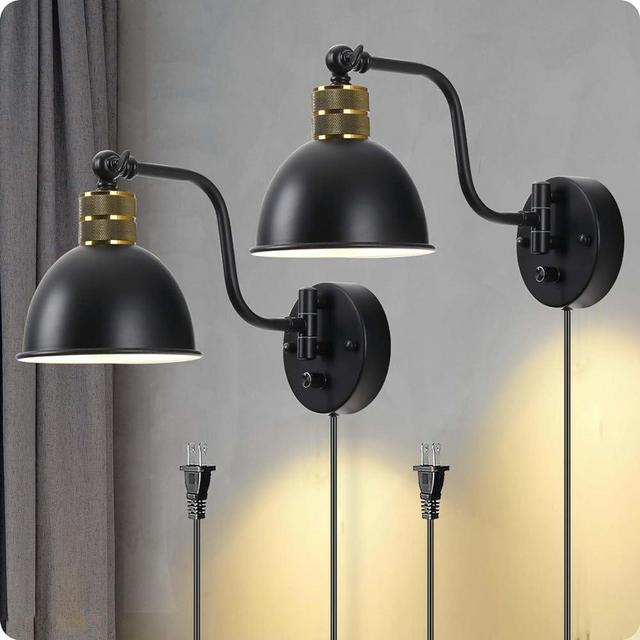 Karjearl Plug in Wall Sconce Set of 2 Swing Arm Wall Lamp with Dimmable Switch, Farmhouse 2 in 1 Install Hardwired Wall Sconce Industrial Vintage Wall Mounted Light for Bedroom Reading, Black