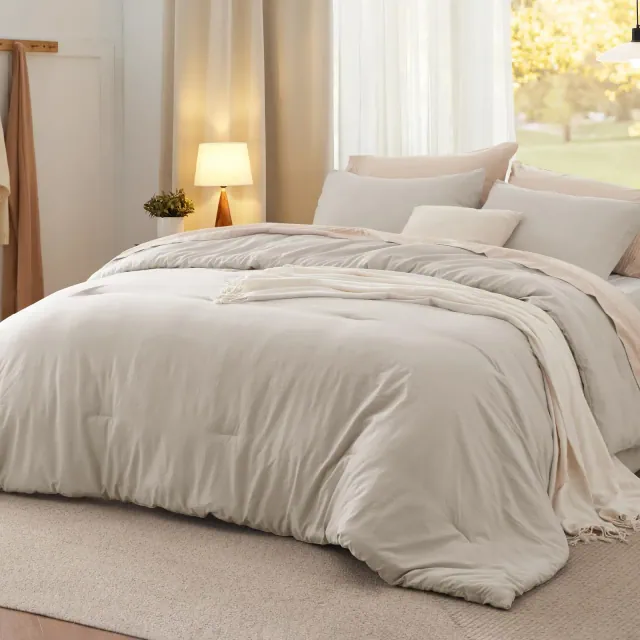 Bedsure King Size Comforter Set, Oatmeal Soft Prewashed Bedding for All Seasons, 3 Pieces GentleSoft™ Warm Down Alternative Bed Set, 1 Lightweight Com