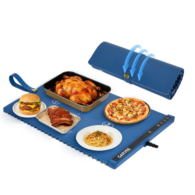 Electric Food Warming Mat, 24x15 in, Dual Zone Control, Portable Silicone Food Warmer Pad Tray with Timer & 6 Temp Levels for Party Event, Blue