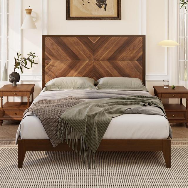 Streamdale Furniture Mid-Century Modern Platform Bed Wood Slat Support with No Box Spring Needed, Queen, Walnut