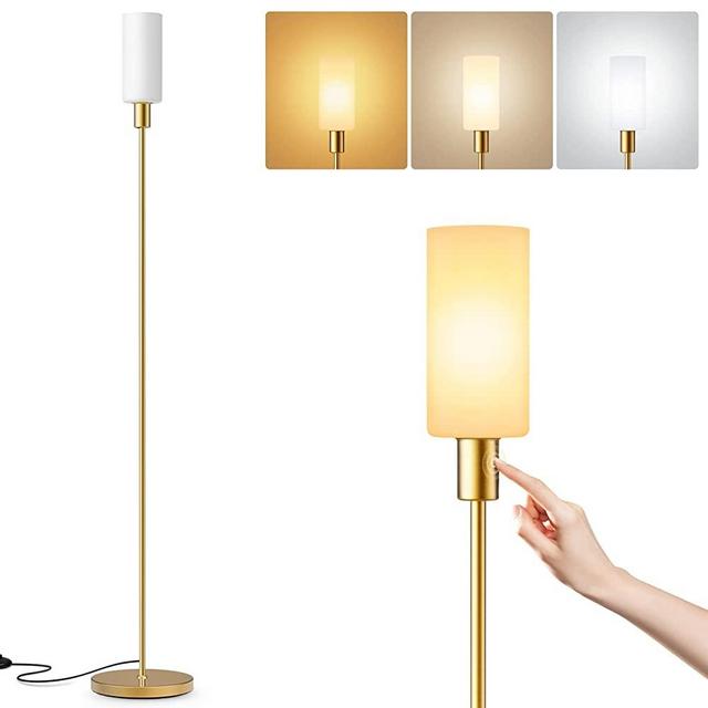 Gold Floor Lamp for Living Room and Bedroom, Touch Control 3 Colors Modern Brass Standing Lamp, Minimalist Tall Floor Lamp with Jade Matte Glass Shade ( 9W LED Bulb Included)