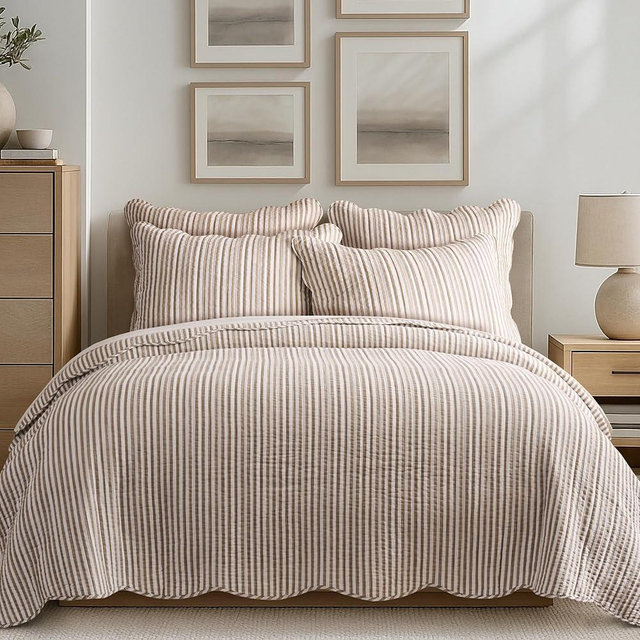 Levtex Home Martha Stripe Taupe Reversible King/Cal King Quilt Set (106x92in) with 2 Pillow Shams (36x20in) - Stripe Bedding - Taupe, White - Cotton King Size Quilt Bedding Set - Scalloped Edge