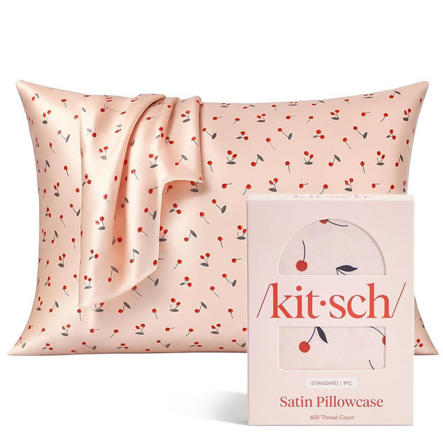 Kitsch Satin Pillowcase, Softer Than Silk Pillow Cases Queen, Cooling Pillow Covers, Satin Pillowcase w/Zipper for Hair, Skin & Quality Sleep, Wrinkle-Free & Smooth, Queen Size 19"x26", Cherry Print