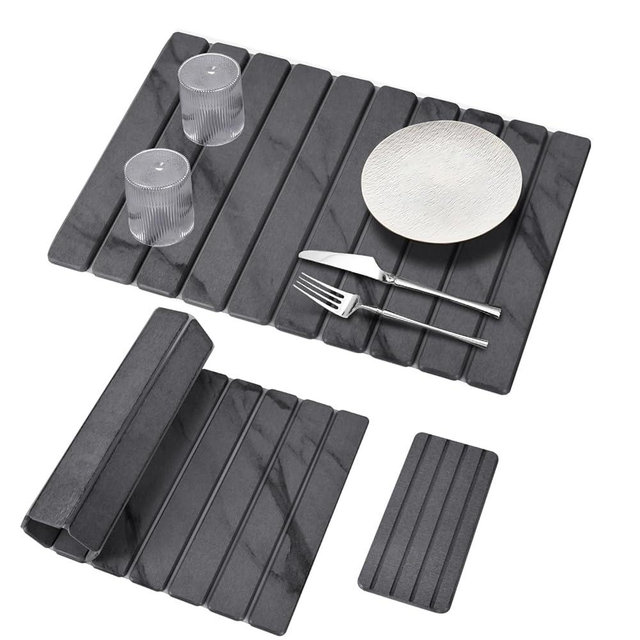 2 PCS Large Stone Dish Drying Mat for Kitchen Counter, 24"×16" Grey Marble Dish Drying Mat with 8"x 4" Coasters, Non - Slip Collapsible Absorbent Stone Dish Drying Mat for Multi - Purpose