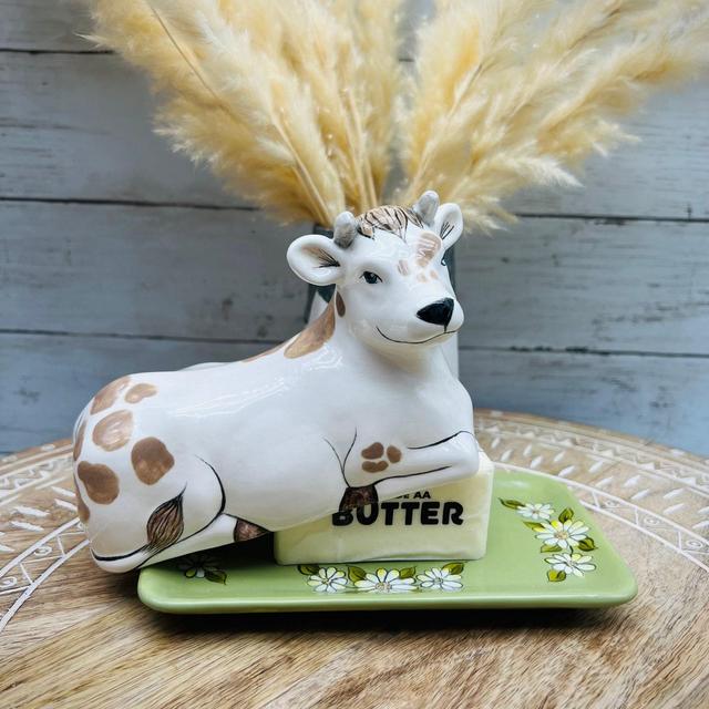 Cow Butter Dish with Lid: Hand-Painted Daisies, Farmhouse Kitchen Decor